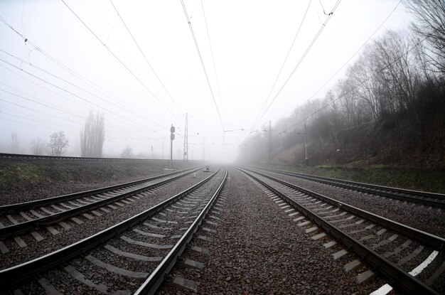 Zdjęcie widok torów kolejowych w mglistą pogodę