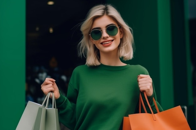 Widok wesołej modnej kobiety trzymającej torby na zakupy i uśmiechającej się na zielono