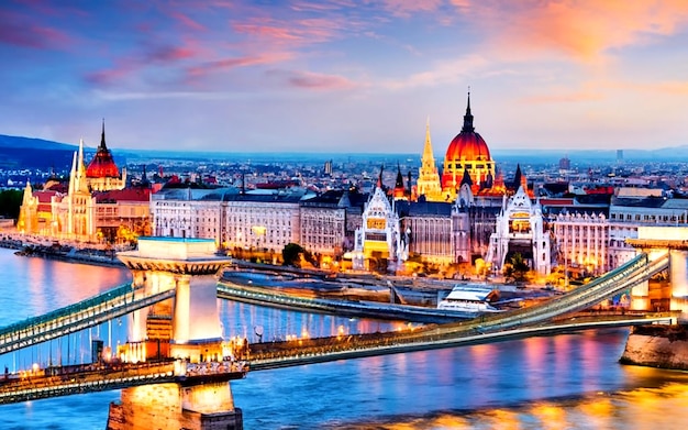 Widok wielkiego węgierskiego parlamentu z słynnym mostem Margit AI_Generated