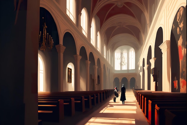 Widok wnętrza cyfrowej ilustracji kościoła