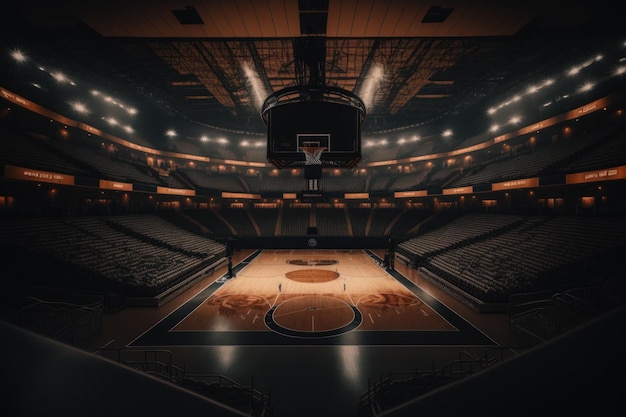 Widok wnętrza oświetlonego stadionu do koszykówki Ilustracja AI Generative