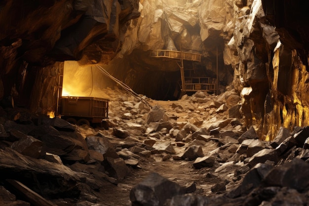 Widok wnętrza pięknej jaskini krasowej Jaskinia w górach Wydobywanie złota AI Wygenerowano