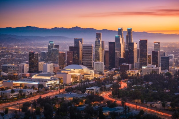 Widok wschodu słońca na miasto z lotu ptaka nad metropolitalnym miastem Los Angeles Harbour Freeway popularną i słynącą z Ho