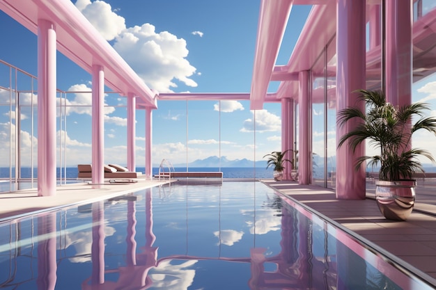Widok z basenu i nieba ukazany jest w stylu generatywnej sztucznej inteligencji vaporwave