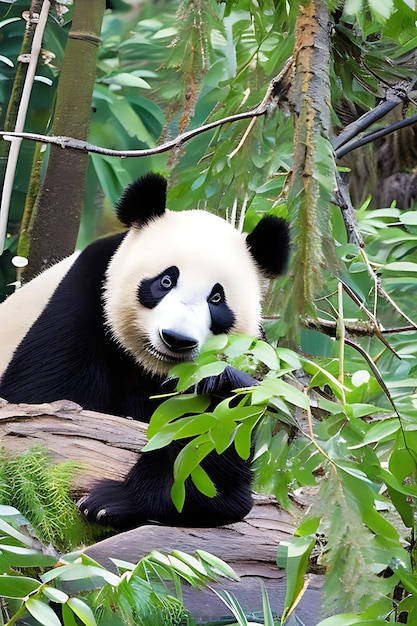 Widok z bliska niedźwiedzia pandy w jego naturalnym środowisku otoczony bujnym lasem drzew
