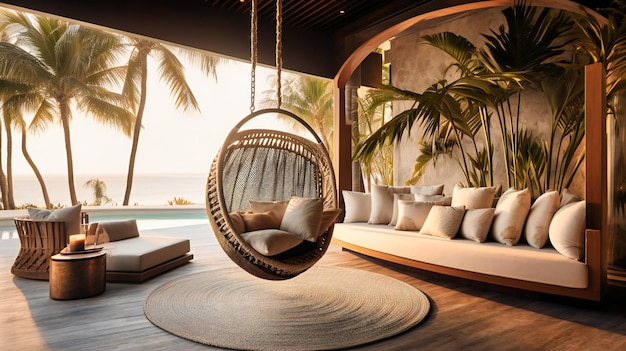 Widok z bliska przytulnej i eleganckiej części wypoczynkowej na świeżym powietrzu luksusowej willi przy plaży, idealnej na relaks i spotkania towarzyskie