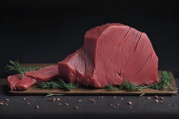 Widok z bliska świeżego mięsa z czerwonawymi odcieniami, doskonale przygotowanego, by rozbudzić pragnienie wyjątkowych doznań kulinarnych Wygenerowane przez AI