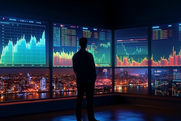 Widok z boku biznesmena patrzącego na raport wykresu danych firmy na dużym murze z pejzażem miejskim