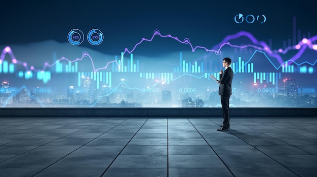 Widok z boku biznesmena stojącego na dachu z papierami i patrzącego na wirtualny ekran z liniami dużych danych biznesowych i wykresem słupkowym z infografiką pejzaż miejski w nocy Koncepcja badań finansowych