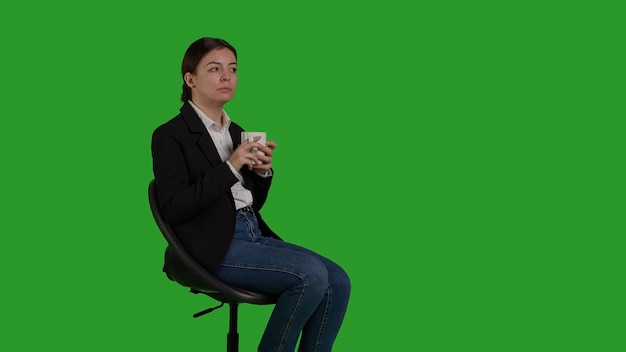 Widok z boku kaukaskiej bizneswoman trzymającej filiżankę kawy na krześle, siedzącej w studio z zielonym ekranem. Menedżerka pijąca napój kofeinowy lub odświeżenie przed kamerą, przygotowanie