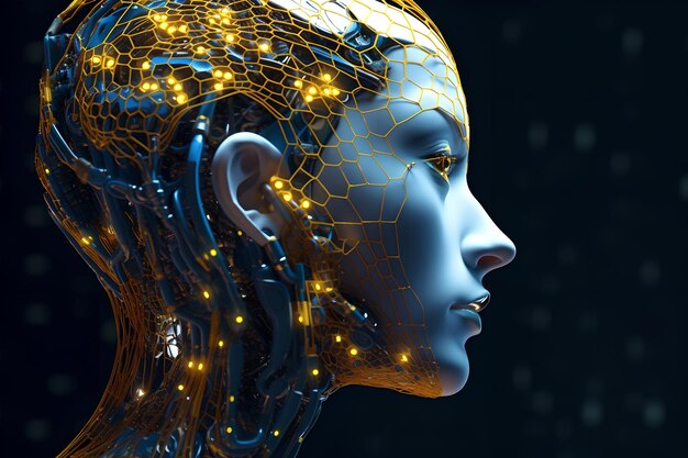 Widok z boku kobiecego humanoidalnego robota sztucznej inteligencji futurystycznej technologii i robota sztucznej inteligencji z czarnym tłem