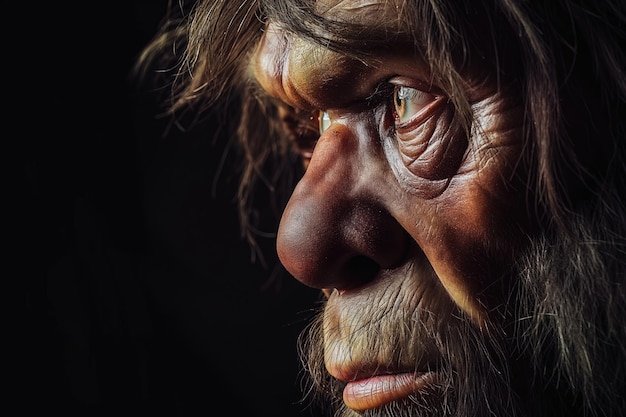 Widok z boku kontemplacyjnego spojrzenia neandertalczyka