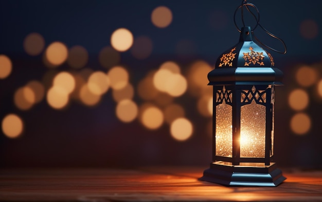 Widok z boku latarni Ramadan z boczną pustą przestrzenią z rozmytymi jasnymi światłami w tle