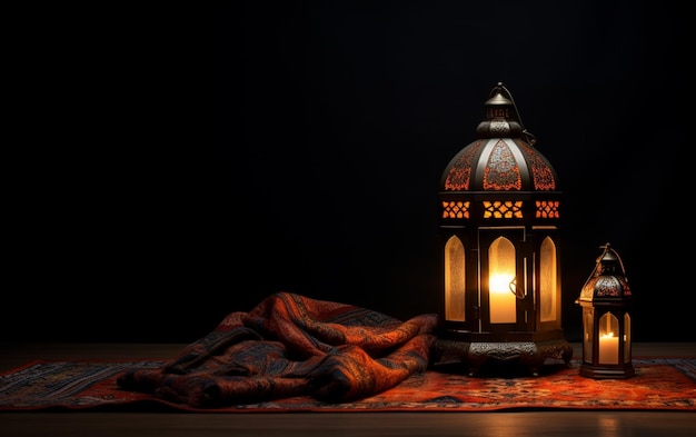 Widok z boku latarni Ramadan z dywanikiem modlitewnym w ciemnych latarniach podłogowych w odosobnionym tle