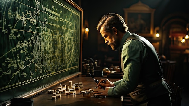 Zdjęcie widok z boku mężczyzny stojącego i patrzącego na tablicę z liczbami
