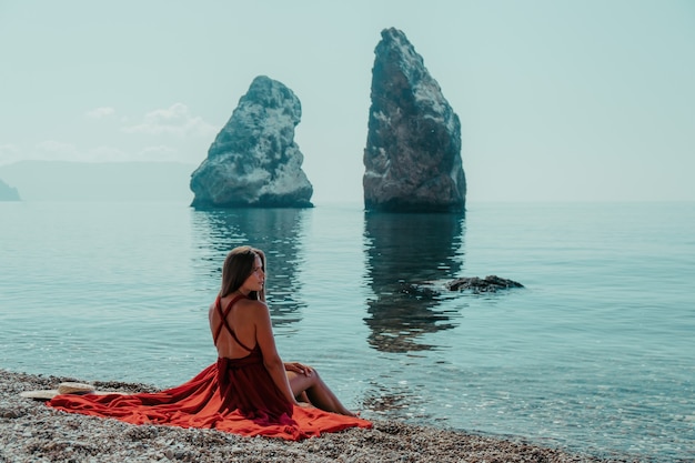 Widok z boku młoda piękna zmysłowa kobieta w czerwonej długiej sukience pozuje nad morzem podczas