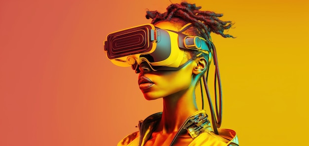 Widok z boku młodych ludzi zakładających okulary VR odizolowane na żółtym tle