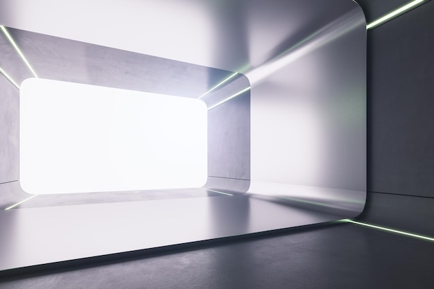 Widok z boku na futurystyczną salę wykonaną z betonu i metalicznego korytarza oświetlonego neonowymi światłami i jasną, białą makieta renderowania 3D