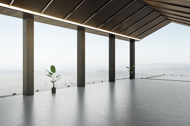 Widok z boku na punkt widokowy w otwartym nowoczesnym pustym tarasie wysoko nad miastem z ciemnymi betonowymi kolumnami, drewnianym dachem i zielonymi roślinami w doniczkach po bokach na szarej podłodze Renderowanie 3D makieta