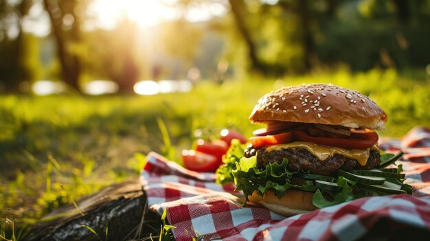 Zdjęcie widok z boku pysznego hamburgera na pikniku