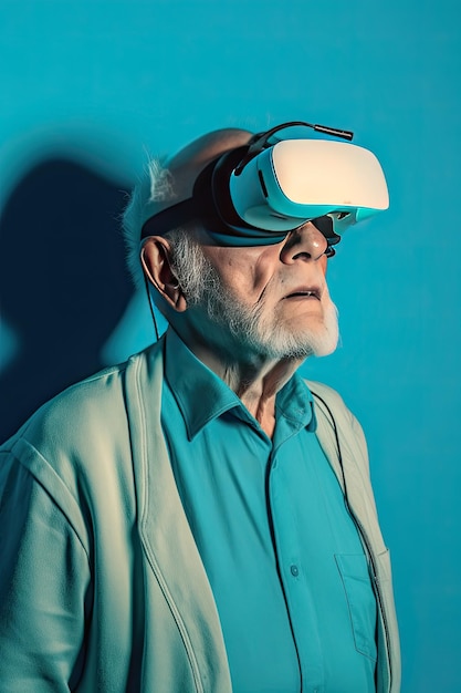 Widok z boku starszego dziadka w okularach wirtualnego zestawu słuchawkowego na niebieskim tle AI Generated