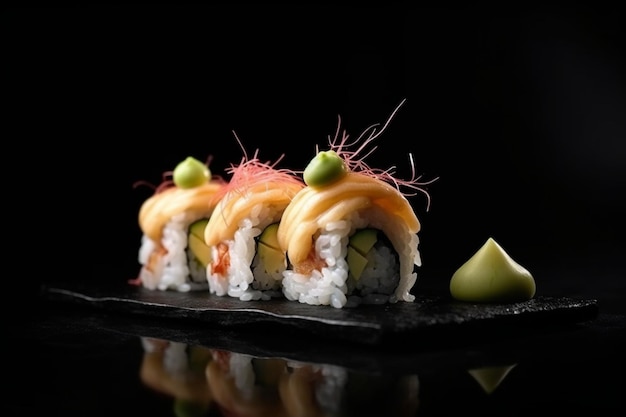 Widok z boku tradycyjnej kuchni japońskiej gorące sushi roll tempura z ogórkami z krewetek królewskich i twarogiem na czarnym b