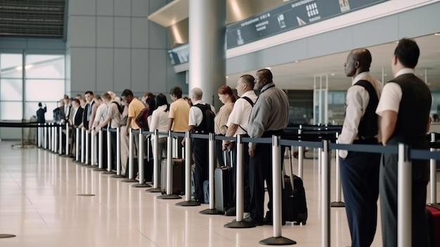 Widok z boku wielorasowych osób czekających w hali lotniska na odprawę generatywnej sztucznej inteligencji