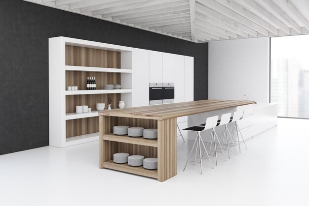 Widok z boku wnętrza kuchni z czarną ścianą z barem, rzędem stołków, dwoma wbudowanymi piekarnikami i szafką w białej ścianie. Renderowanie 3D, stonowany obraz