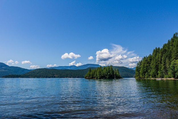 Widok z brzegu na Harrison Lake Brytyjska Kolumbia Kanada zielona ziemia niebieska woda i niebo