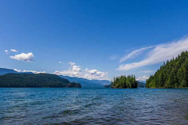 Widok Z Brzegu Na Harrison Lake Brytyjska Kolumbia Kanada Zielona Ziemia Niebieska Woda I Niebo