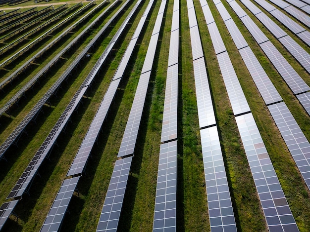 Zdjęcie widok z drona na elektrownię słoneczną w pobliżu lasu w lecie energia odnawialna spotyka się z naturą w