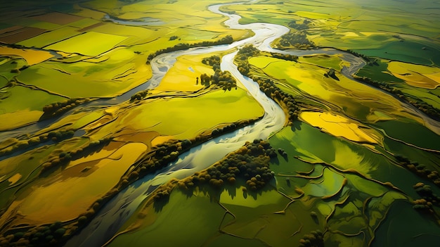widok z drona na rzekę i zielone pola Generatywna AI