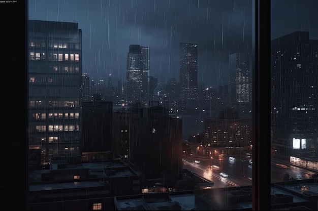 Widok z garnituru w ciemnym pokoju z widokiem na panoramę miasta Generative Ai