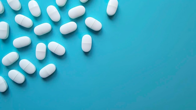Widok z góry białe tabletki leku pigułki antybiotykowe na miękkim niebieskim tle kopia przestrzeń Temat apteki AI Generative