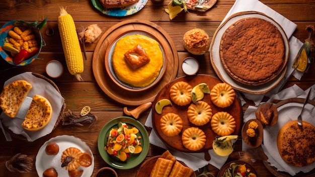 Widok z góry brazylijskiego jedzenia na drewnianym stole Tradycyjne jedzenie Brazylii Uroczystość Festa Junina