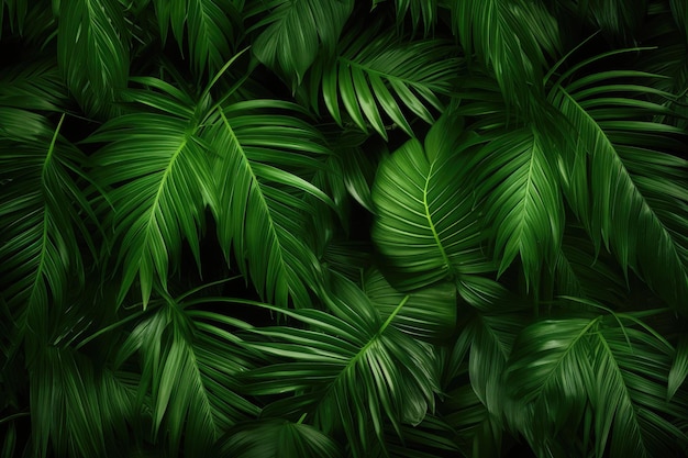Widok z góry bujnych liści palmowych ułożonych w płaskiej pozycji