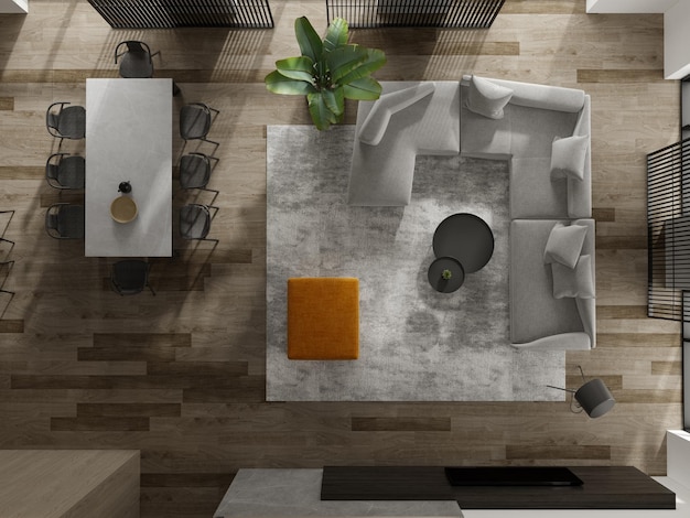 Widok z góry Czarne minimalistyczne wnętrze nowoczesnego salonu renderowania 3 D