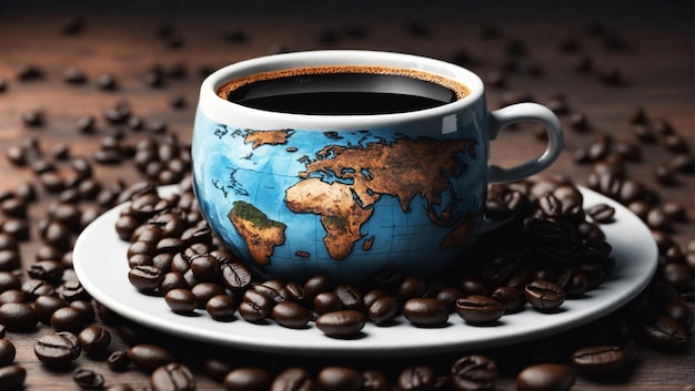 Zdjęcie widok z góry czarnej kawy z mapą świata na filiżance i ziarnach kawy na obrazie ai stołu