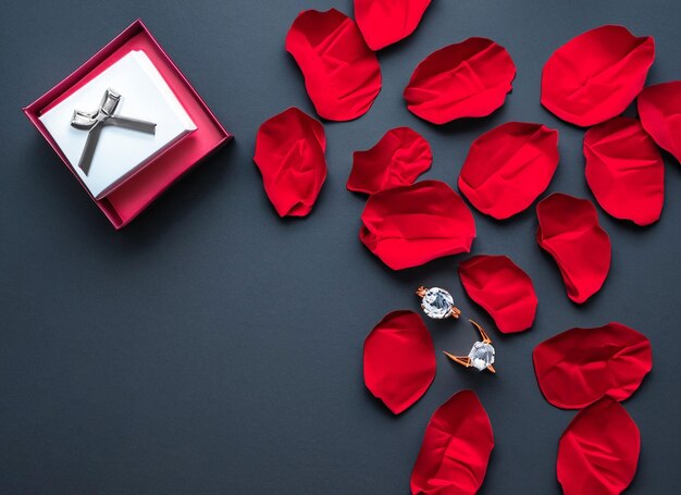 Zdjęcie widok z góry czerwona róża z płatkami róż jako prezent na walentynki na ciemnej przestrzeni