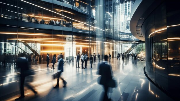 Widok z góry Długie ujęcie przedstawiające hol nowoczesnego biura z ludźmi biznesu niewyraźnymi chodzącymi w szybkim ruchu