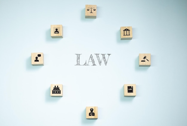 Widok Z Góry Drewniane Klocki Z Ikoną Prawa Ustawioną W Kółko Koncepcja Dla Systemu Prawa I Sprawiedliwości