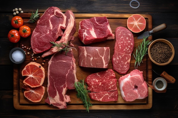 widok z góry drewnianej deski do krojenia z kawałkami surowego mięsa do gotowania Generative AI