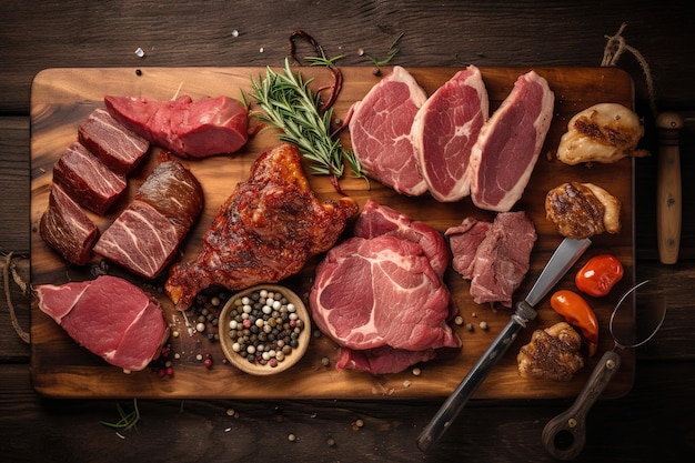 widok z góry drewnianej deski do krojenia z kawałkami surowego mięsa do gotowania Generative AI