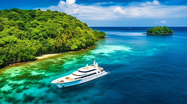 Widok z góry eleganckiego nowoczesnego jachtu zakotwiczonego w krystalicznie czystej wodzie otoczonej tropikalnym rajem