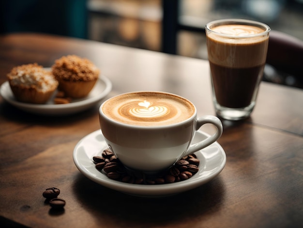 Zdjęcie widok z góry filiżanki cappuccino w pobliżu ziaren kawy i łyżki na stole w kawiarni