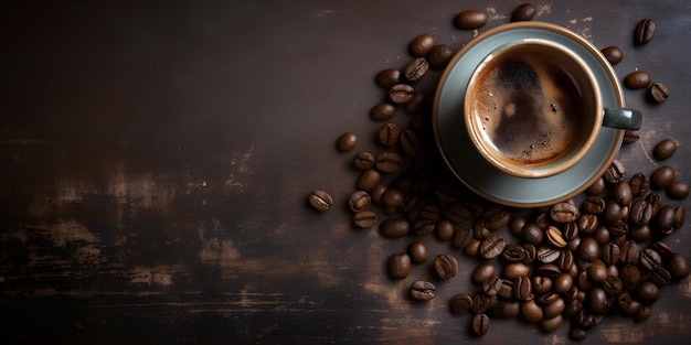 Widok z góry filiżanki kawy i ziaren kawy w worku na ciemnym tle Generative Ai