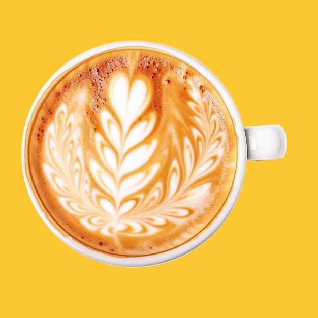 Widok z góry gorącej kawy cappuccino lub latte na białym tle na żółtym tle ze ścieżką przycinającą