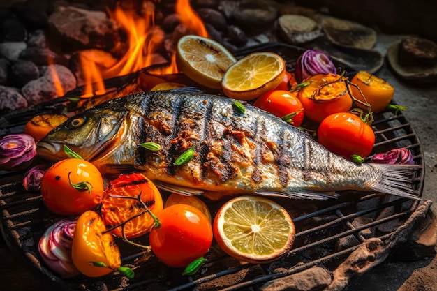 Widok z góry gotowania ryb Dorado na grillu z warzywami grillowana ryba BBQ Dobre jedzenie Generative AI