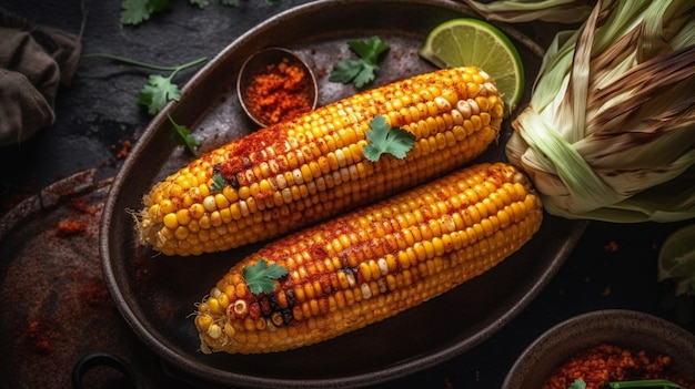 Widok z góry grillowanej słodkiej kukurydzy z wędzoną papryką Letnia wegańska kolacja lub przekąska Generacyjna sztuczna inteligencja