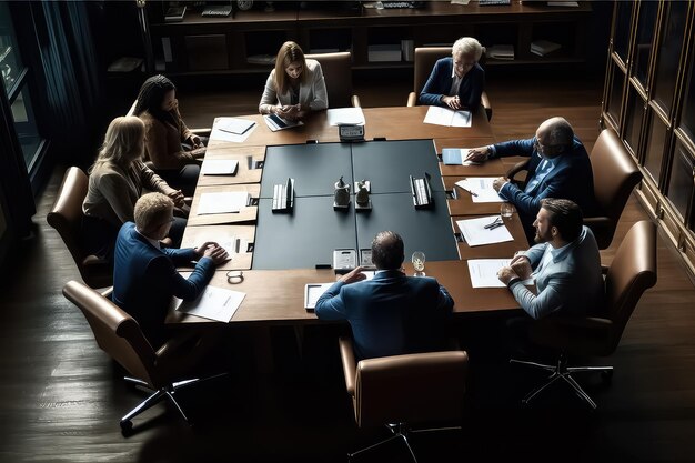 Zdjęcie widok z góry grupa młodych biznesmenów pracujących i komunikujących się razem w biurze ai